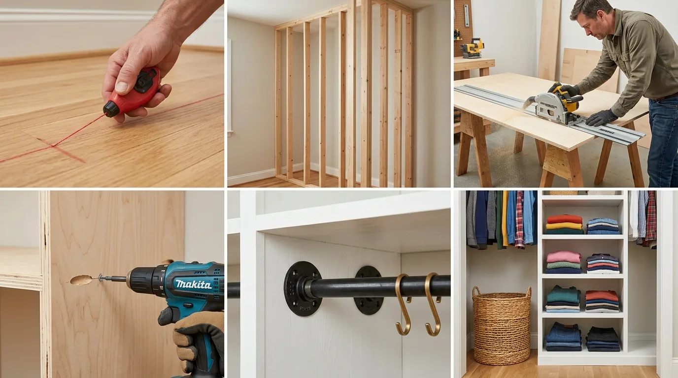 A six box construction guide showing the steps for framing and building a DIY room closet.