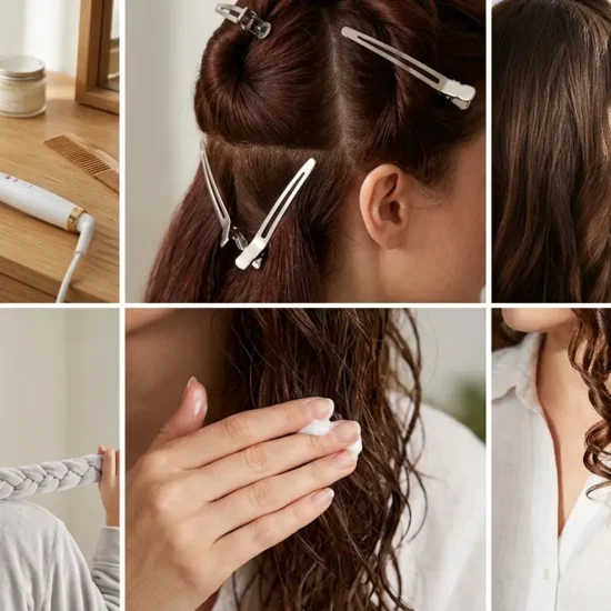 Six box grid showing different curling techniques including curling irons, flat irons, sectioning clips, and heatless wraps.
