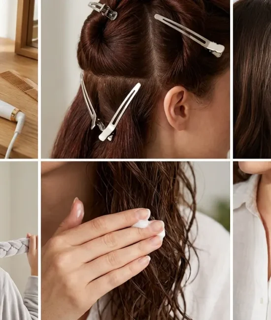 Six box grid showing different curling techniques including curling irons, flat irons, sectioning clips, and heatless wraps.