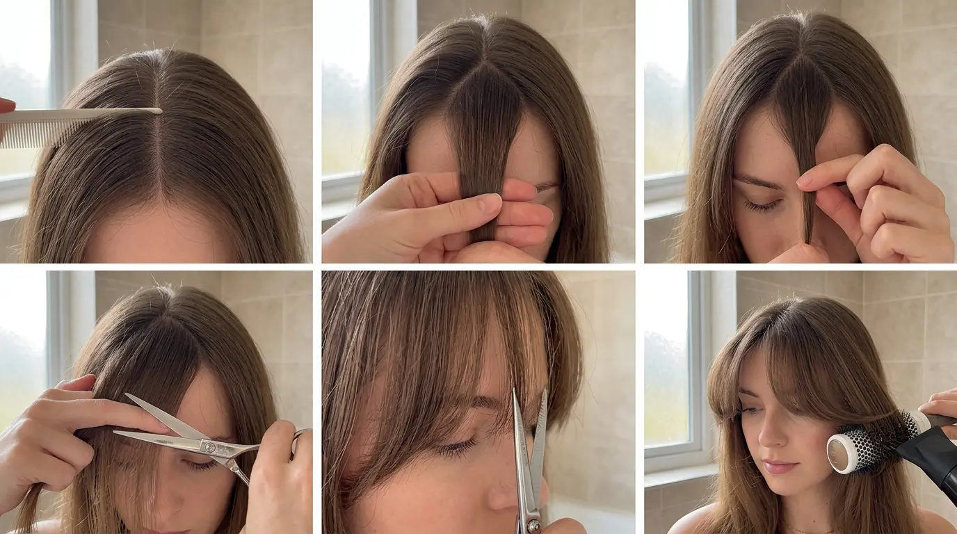 A six box step by step guide demonstrating how to cut and style curtain bangs at home.