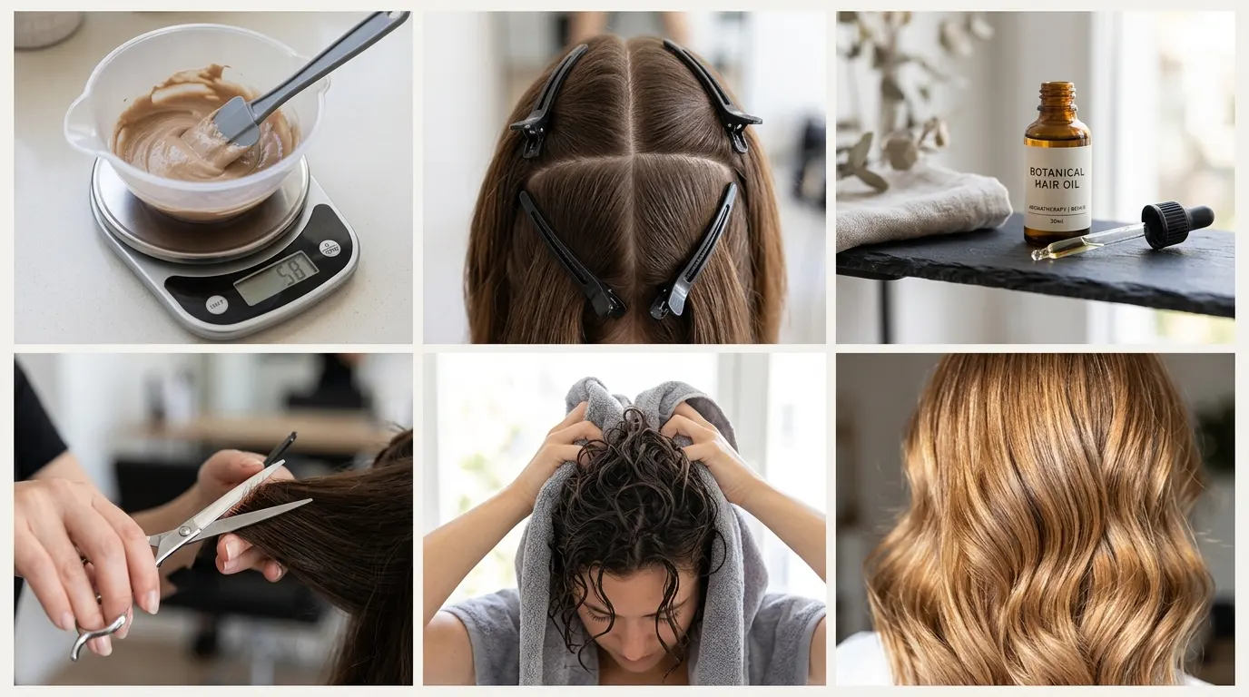 Six box grid showing color prep, sectioning, bond repair, cutting, and styling for a home hair transformation.