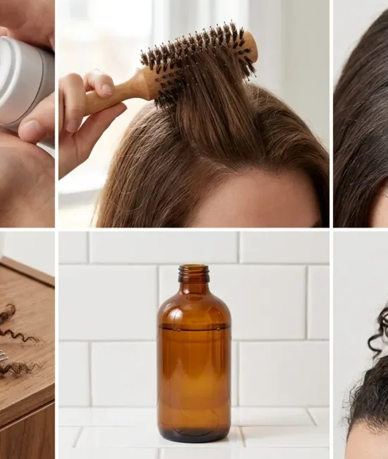 A six box collage showing diverse styling methods and tools used to create lift and root volume in hair.