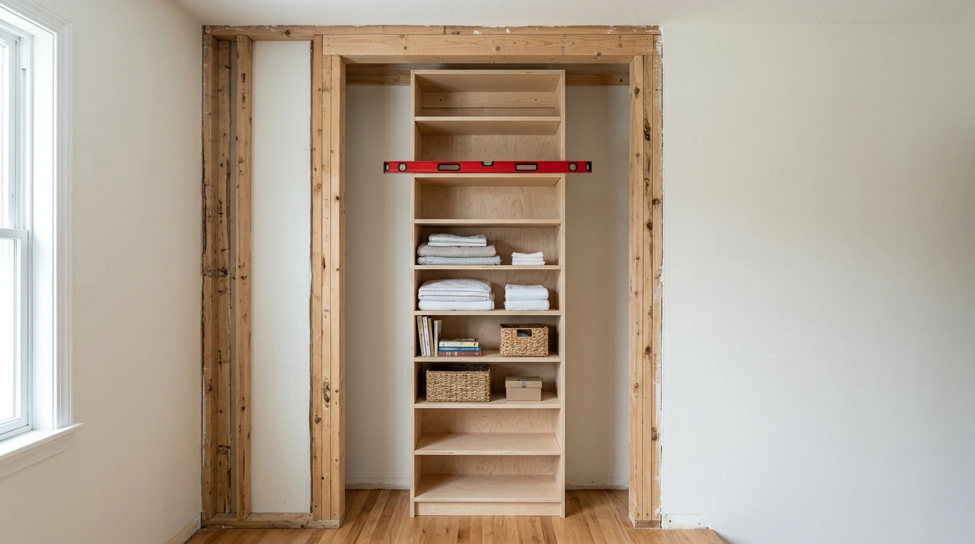 Sliding and leveling an assembled plywood shelving tower into the framed closet frame.