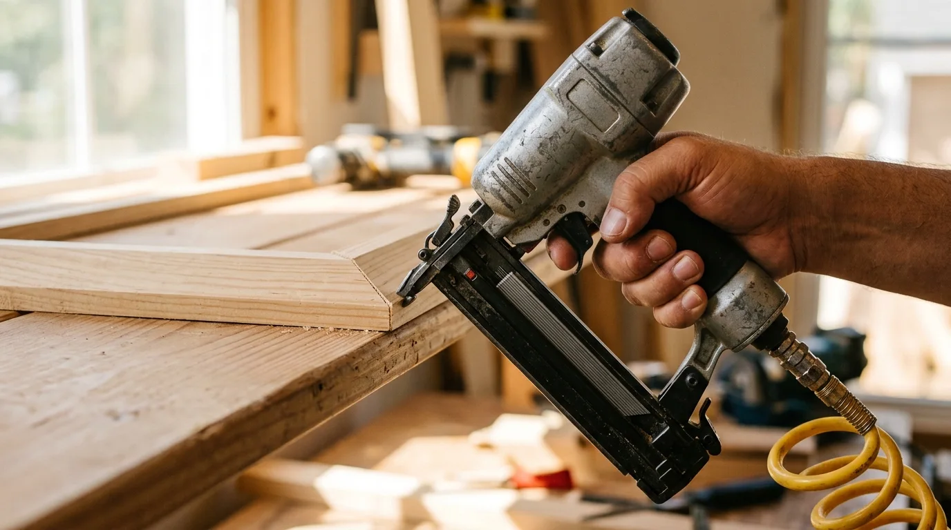 Nailing solid pine trim moulding to raw plywood shelf edges with a brad nailer.