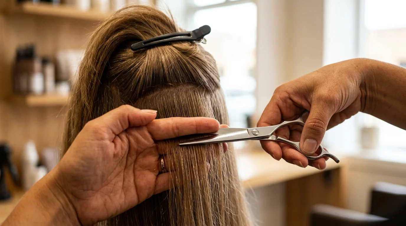 Stylist point cutting internal ghost layers underneath the top canopy of fine hair.