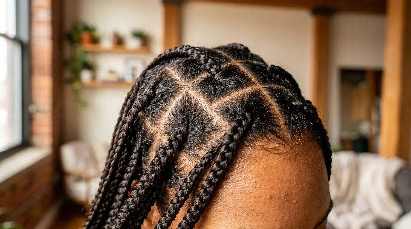 Close-up of neat knotless box braids with clean partings that reduce scalp tension.