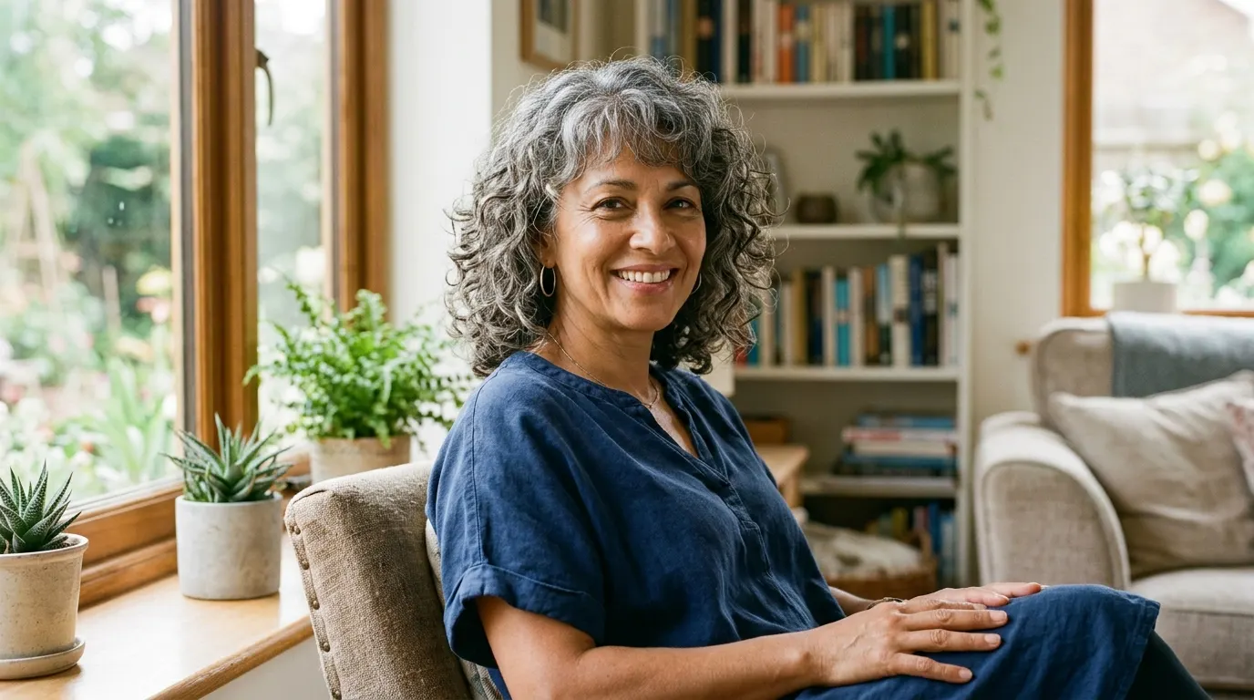 A mature black woman with layered salt and pepper curly hair that provides natural crown volume.