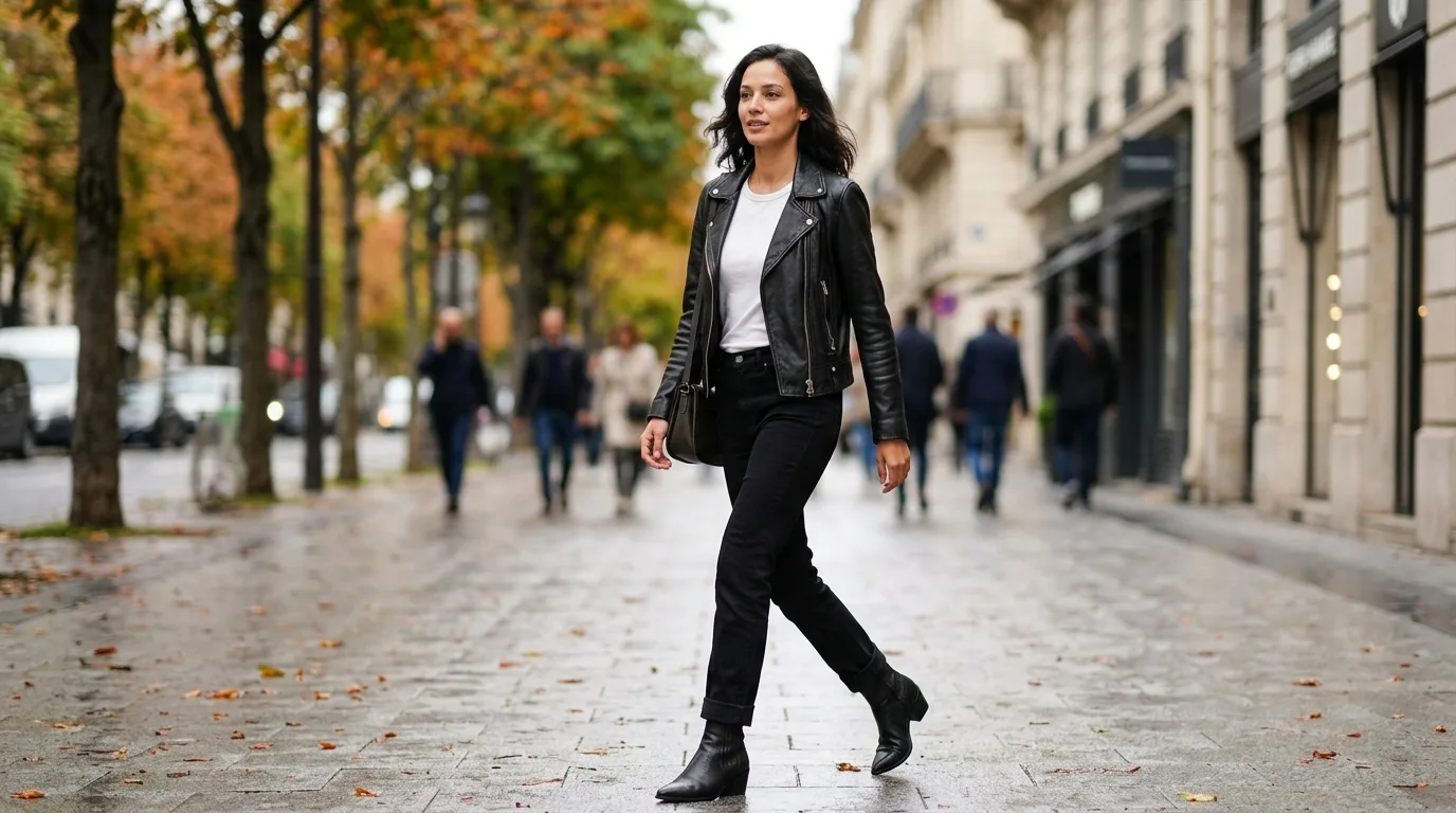 Classic outfit pairing black jeans with a leather motorcycle jacket and pointed boots.