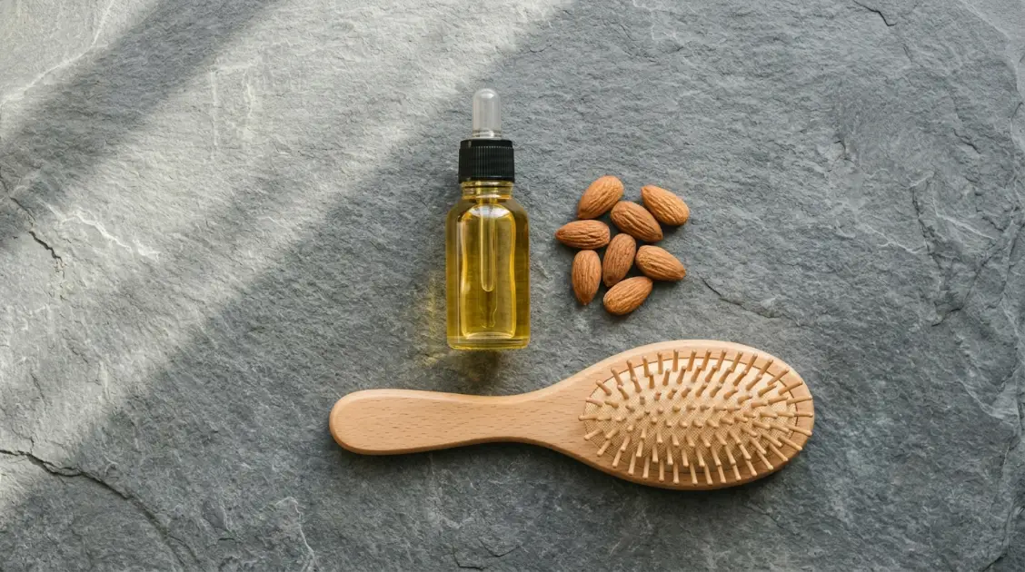 Clear glass dropper bottle of golden jojoba oil on a slate stone background.