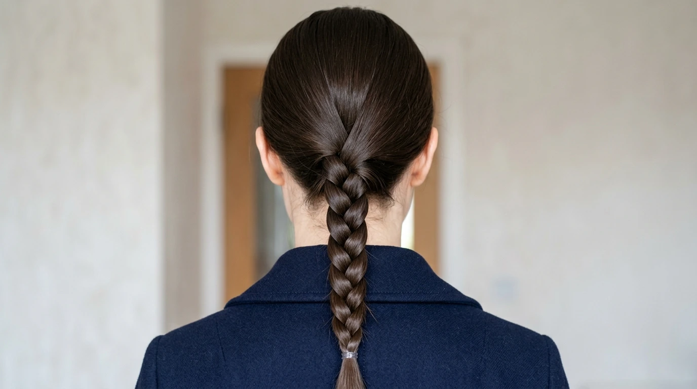 Sleek low nape braid resting flat against a tailored navy coat collar.