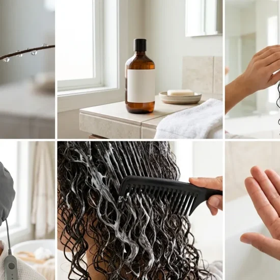 Six box grid showing essential low porosity hair care techniques including clarifying, heat caps, and lightweight oils.