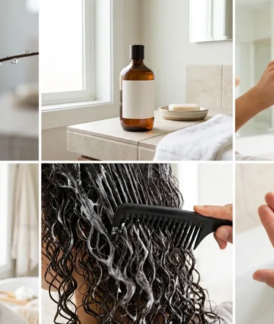 Six box grid showing essential low porosity hair care techniques including clarifying, heat caps, and lightweight oils.