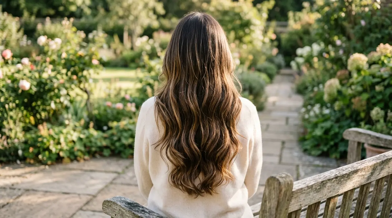 Long dark brown hair with light brown highlights over a cream cashmere sweater