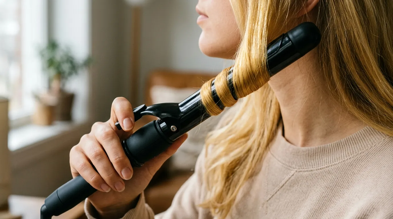 Side view of blonde hair smoothly wrapped around a clamp curling iron with ends left straight.