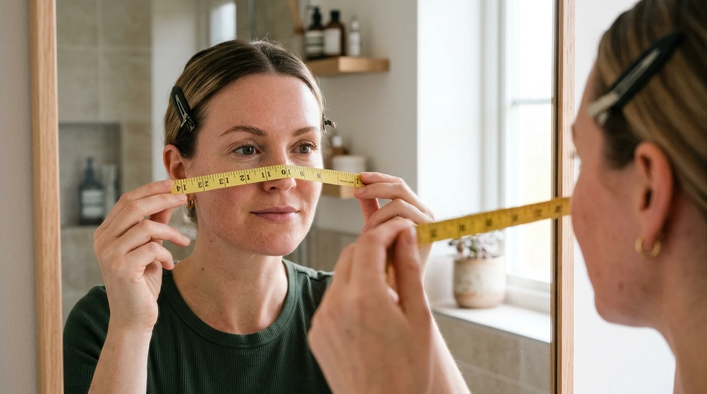 Measuring cheekbone width with a yellow tailor tape to identify a diamond face shape.