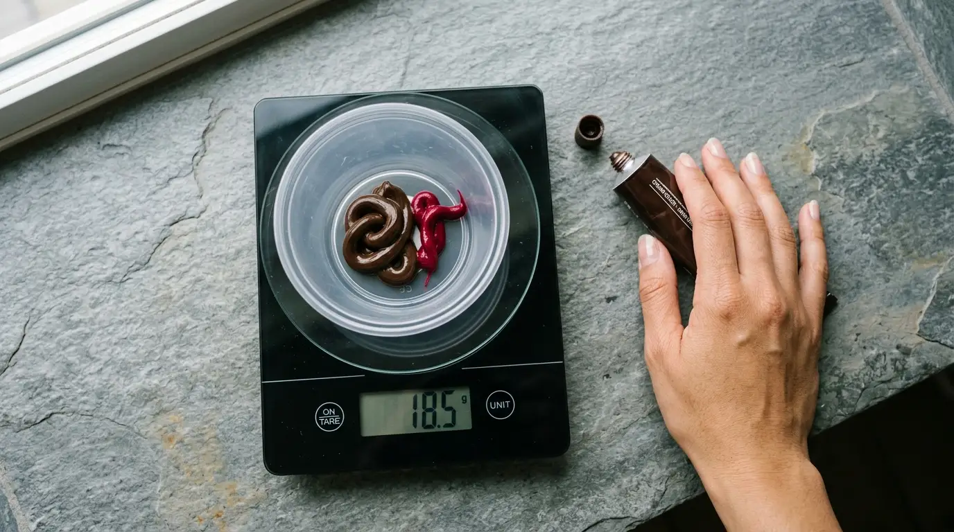 Squeezing brown and red dye pigments onto a digital scale in a clear plastic bowl.