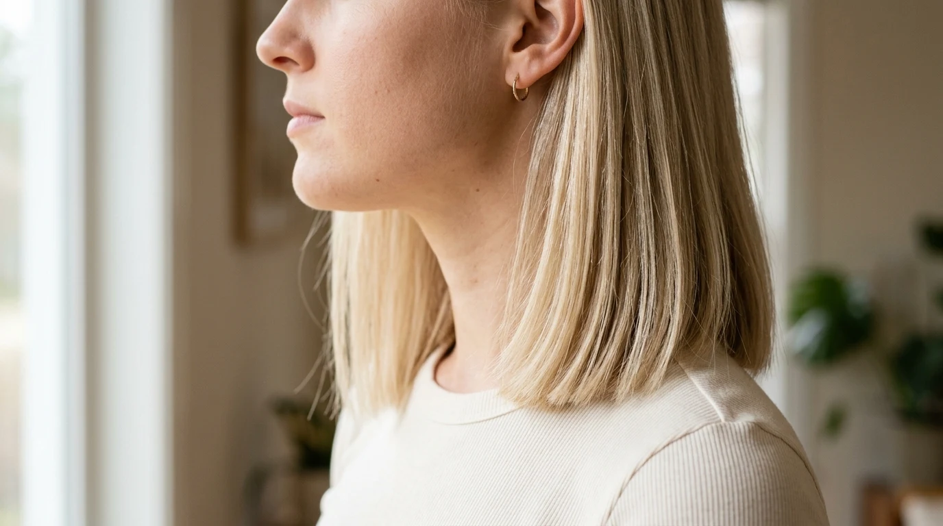 Blunt collarbone length buttercream blonde hair showing multi dimensional champagne tones