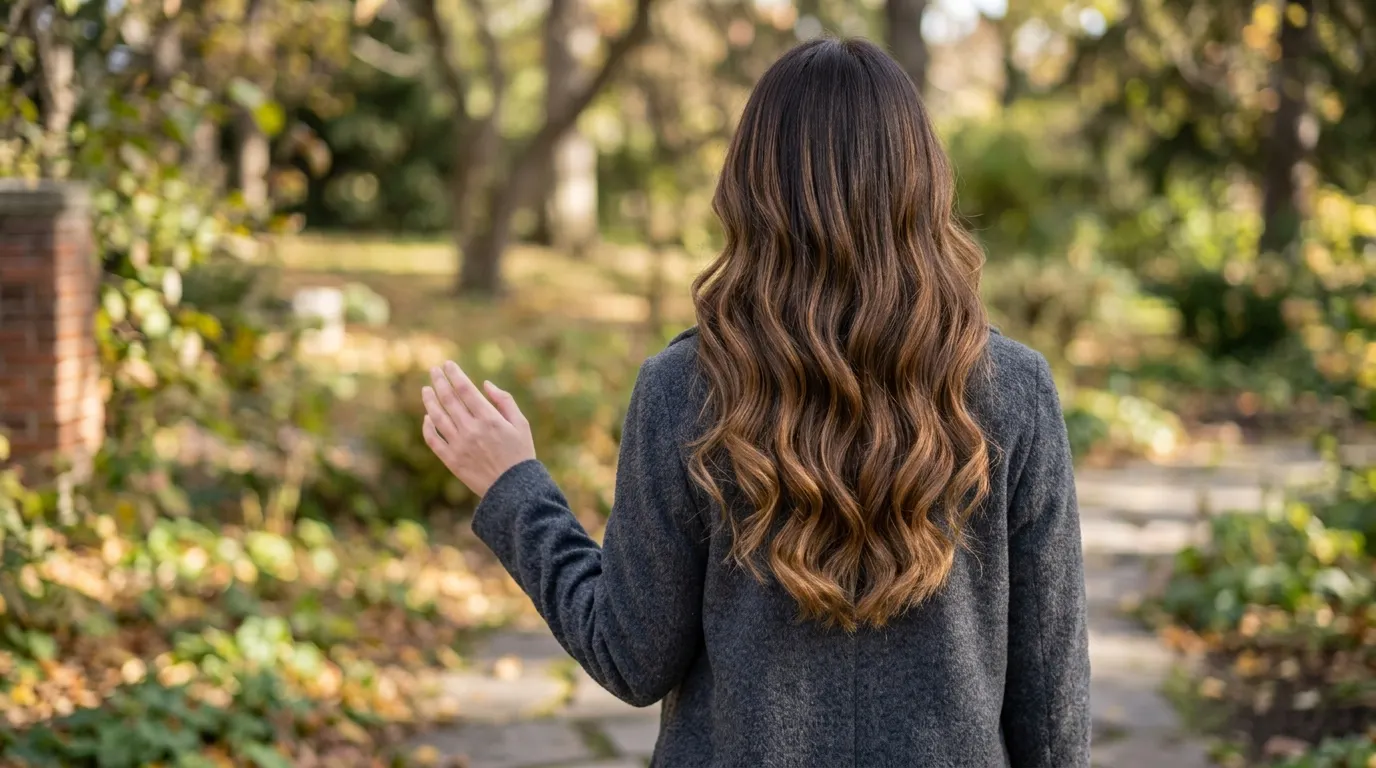Long wavy melted toffee balayage over dark chocolate brown hair in natural outdoor daylight