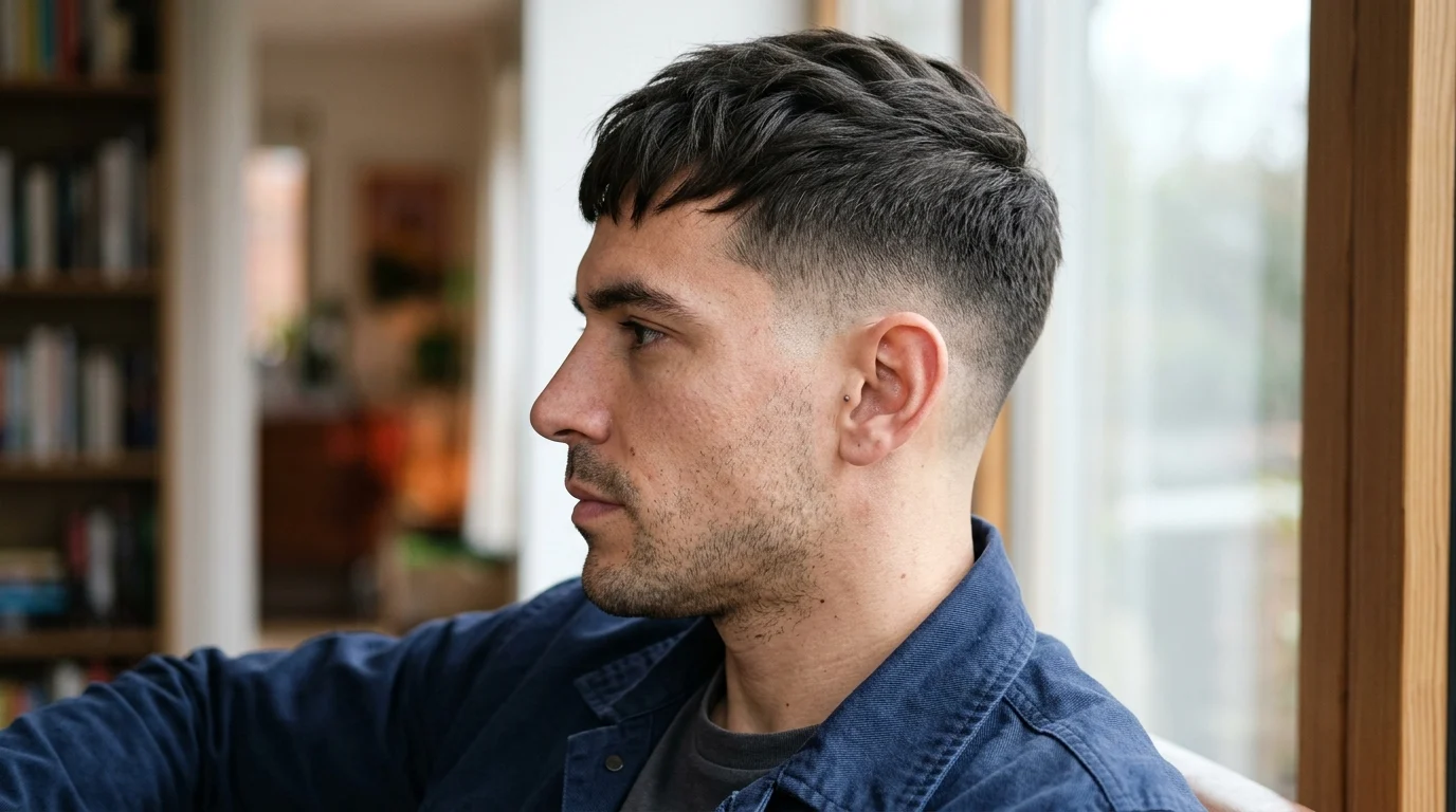 Textured crop haircut with a low taper fade for men with angular diamond bone structure.
