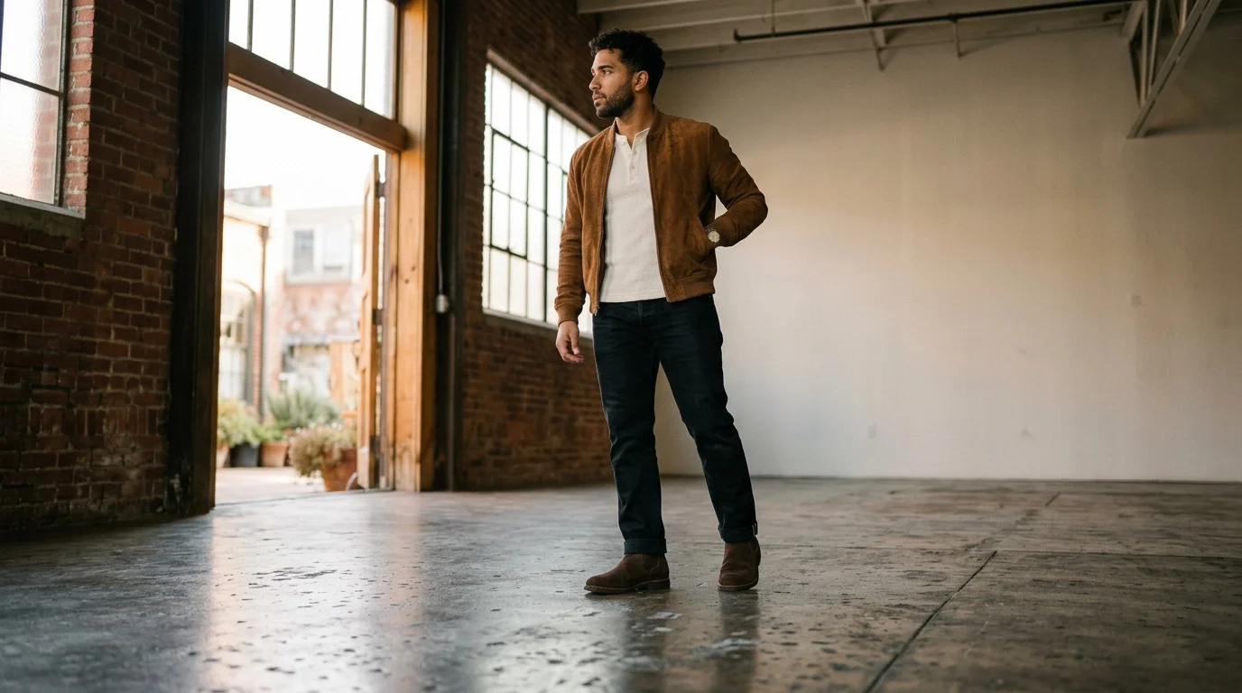 Men's stylish outfit combining straight black jeans with a brown suede jacket and Chelsea boots.