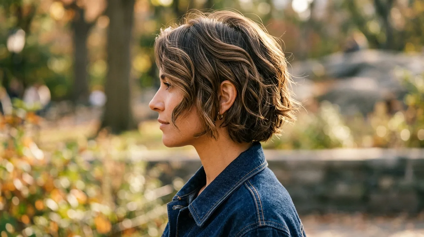 Men's textured crop haircut with permed crown curls providing full coverage on fine thinning hair.