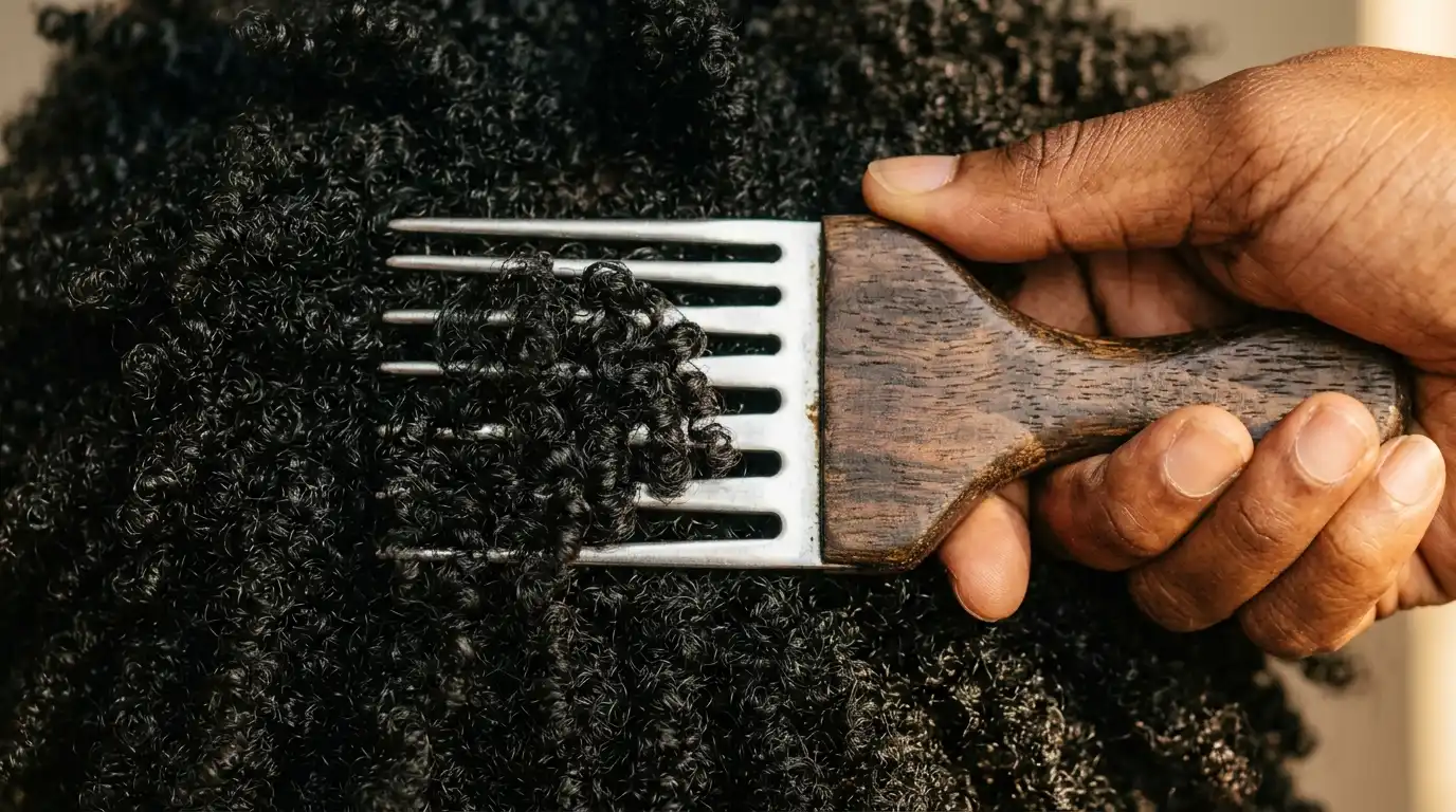 A wide tooth metal afro pick gently lifting roots of tight coily hair to add crown height.