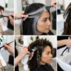 Fine silver babylights woven through dark chocolate brown hair to soften early gray strands.