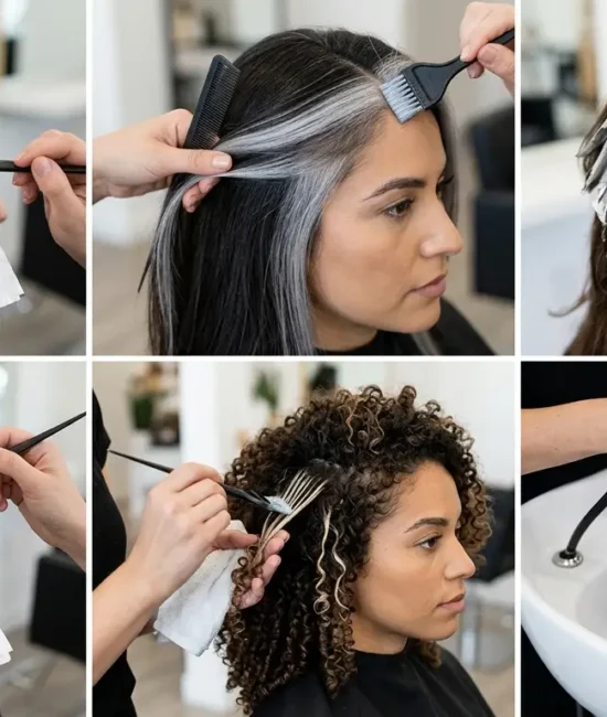Fine silver babylights woven through dark chocolate brown hair to soften early gray strands.