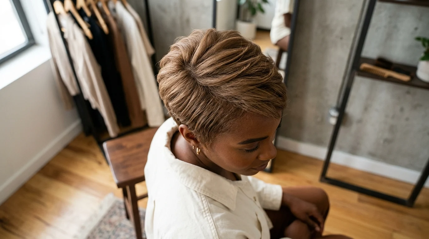 A blunt micro bob hitting at the lip line to maximize natural density on ultra-fine hair.