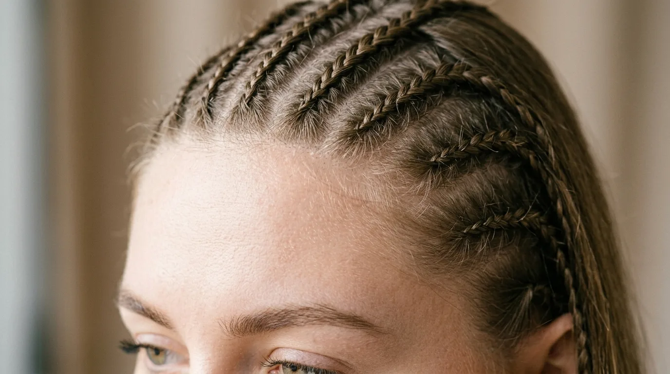 Tiny micro braids securing short fringe along the edge of the hairline.