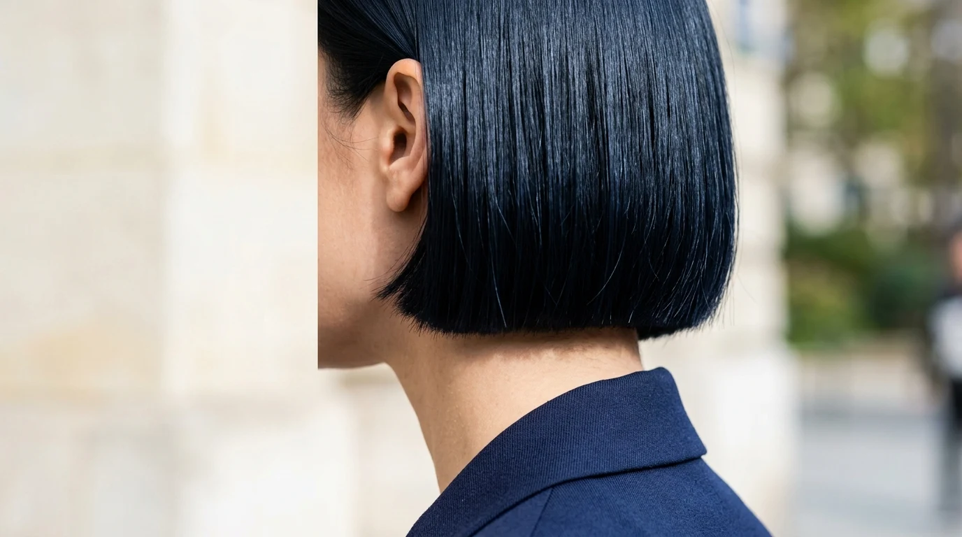 Precision bob cut in midnight black hair displaying deep navy blue highlights