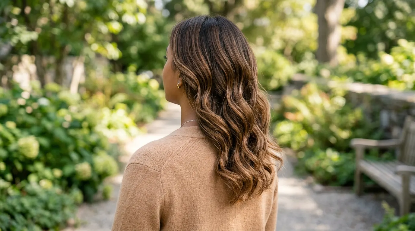 Milk chocolate balayage waves on a woman with neutral brown skin