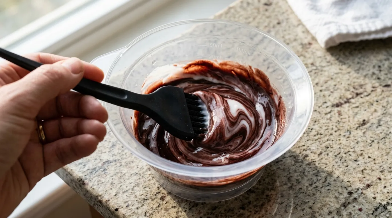 Whisking white developer into red and brown hair dye cream inside a tint bowl.