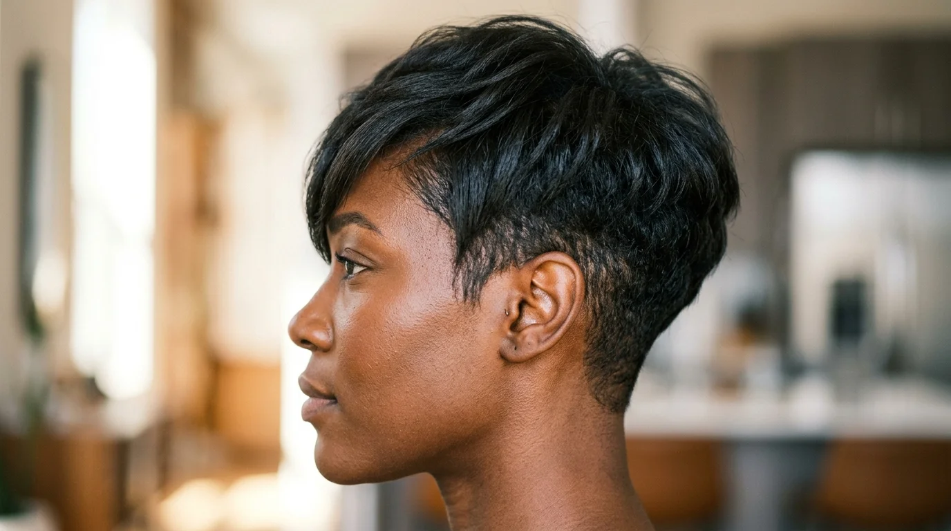 Asymmetrical pixie cut with tapered sides and textured height on top.