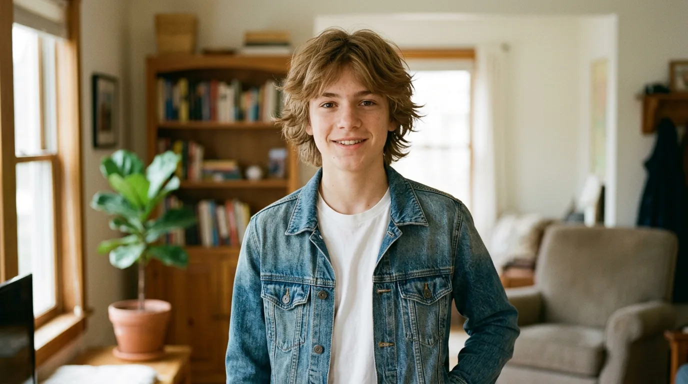Modern textured shag haircut with jaw grazing layers on a teenage boy.