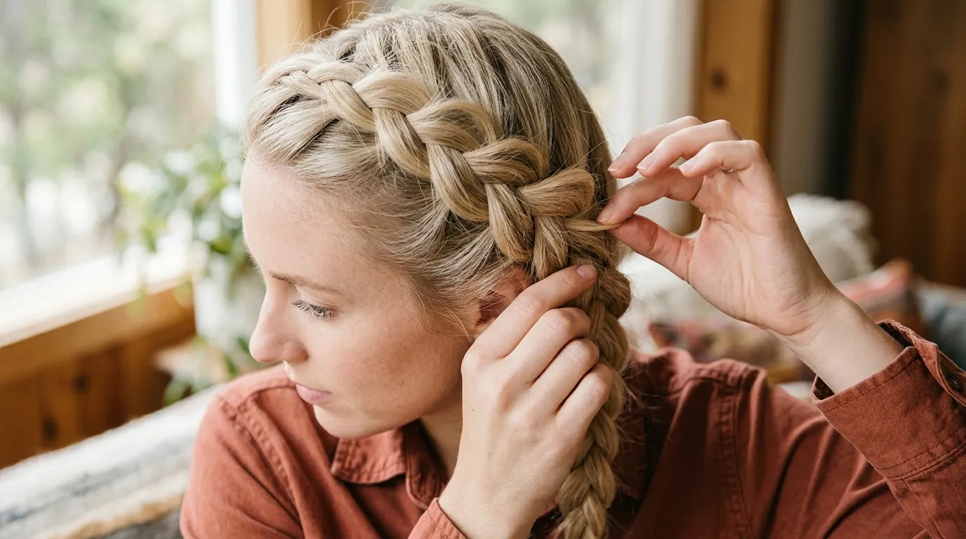 Pancaking a Dutch braid to add visual thickness and volume to fine hair.