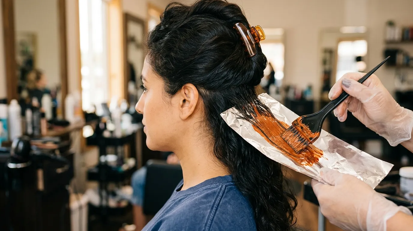 Hairdresser foil placed beneath an isolated section of wavy hair for an under-layer peekaboo color application.