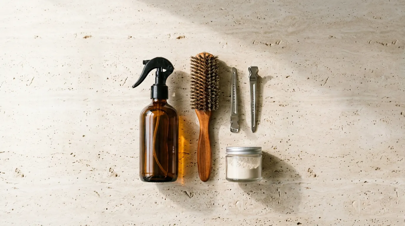 Travertine countertop display of essential styling tools for building volume in flat hair.