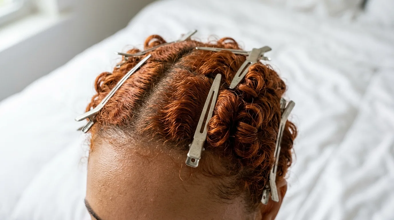 Freshly curled copper hair pinned against the scalp with silver duckbill clips to cool and set.