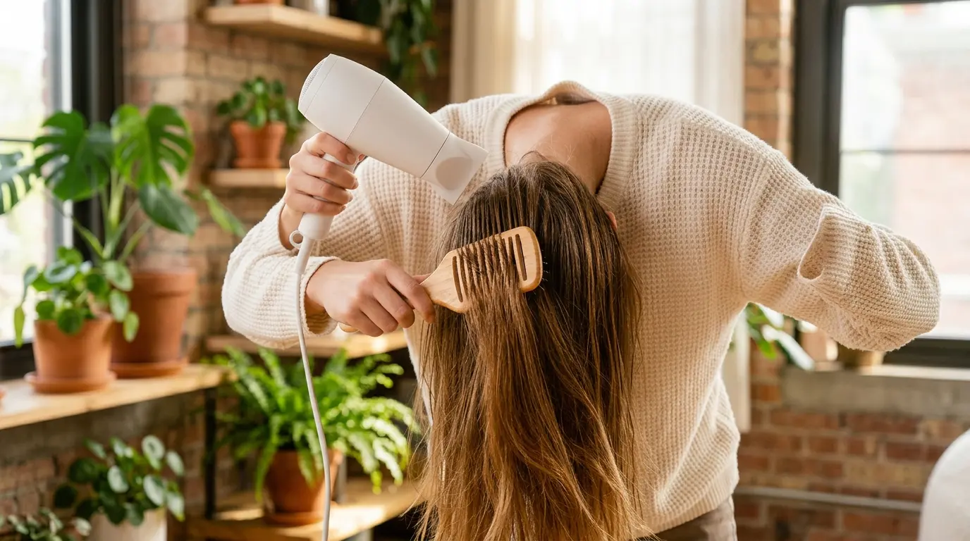 Woman blow drying hair roots upside down for maximum crown volume and bounce.