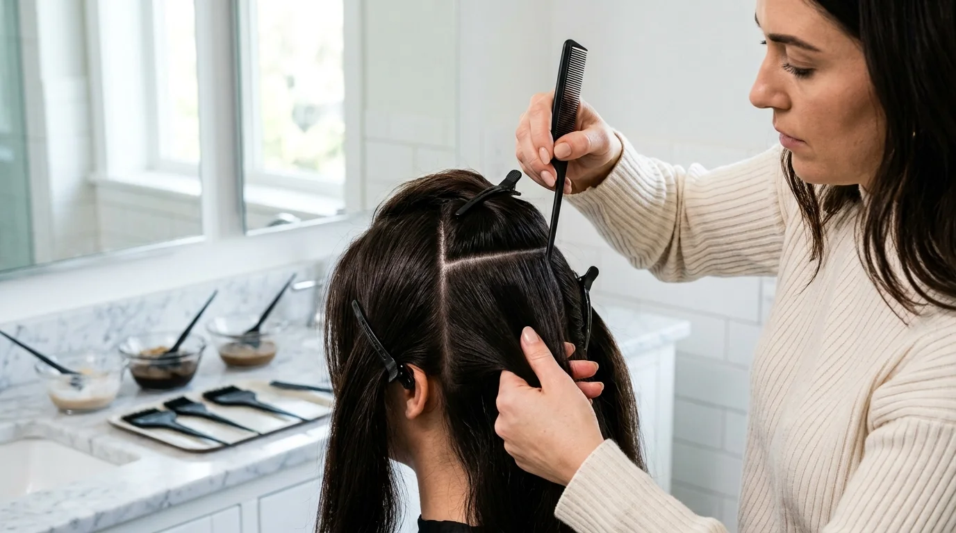 A person neatly sectioning hair with clips before applying hair dye at home.