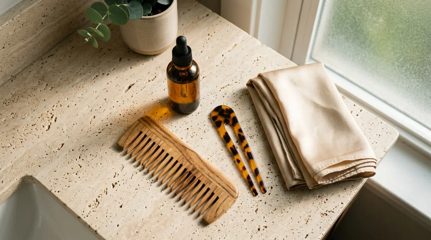 Minimalist hair styling tools and silk accessories arranged neatly on a stone bathroom vanity.