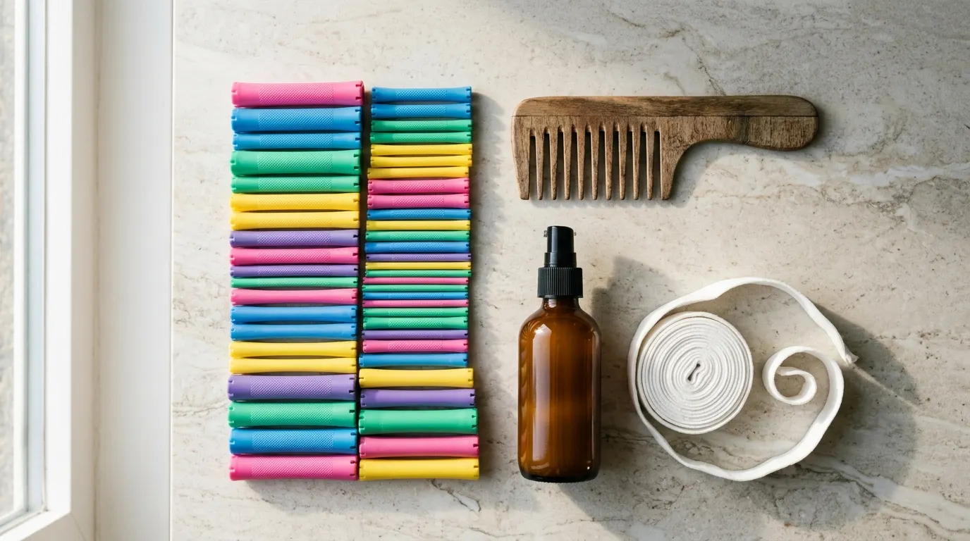 Salon countertop display of assorted perm rods, wide-tooth comb, and curl maintenance products.