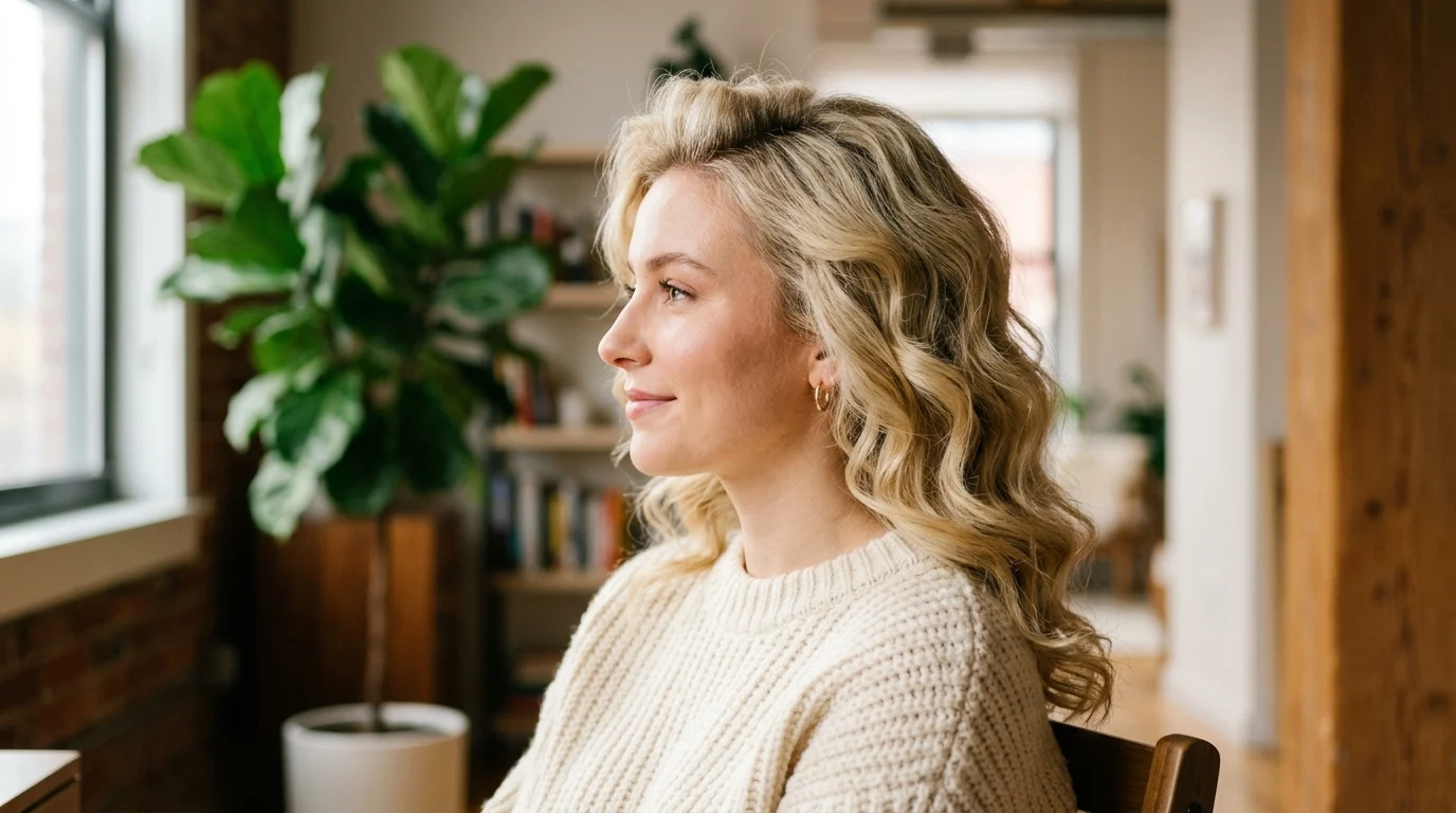 Woman showcasing voluminous, bouncy body wave curls on fine blonde hair after a salon perm.