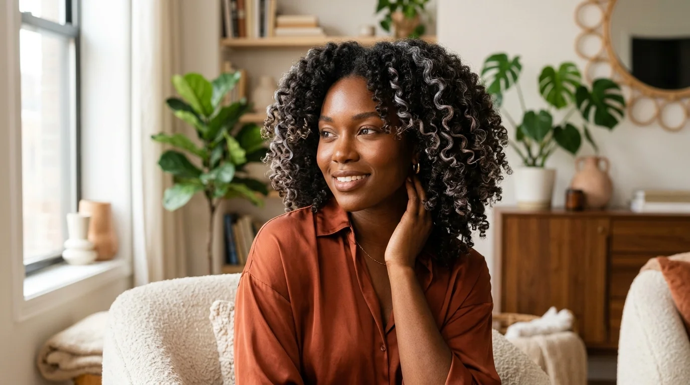 Pintura painted highlights along curl bundles blending gray strands into dark brunette coils.