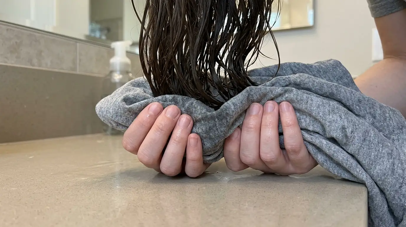 Pressing damp hair upward using a gray cotton shirt to absorb water without frizz.