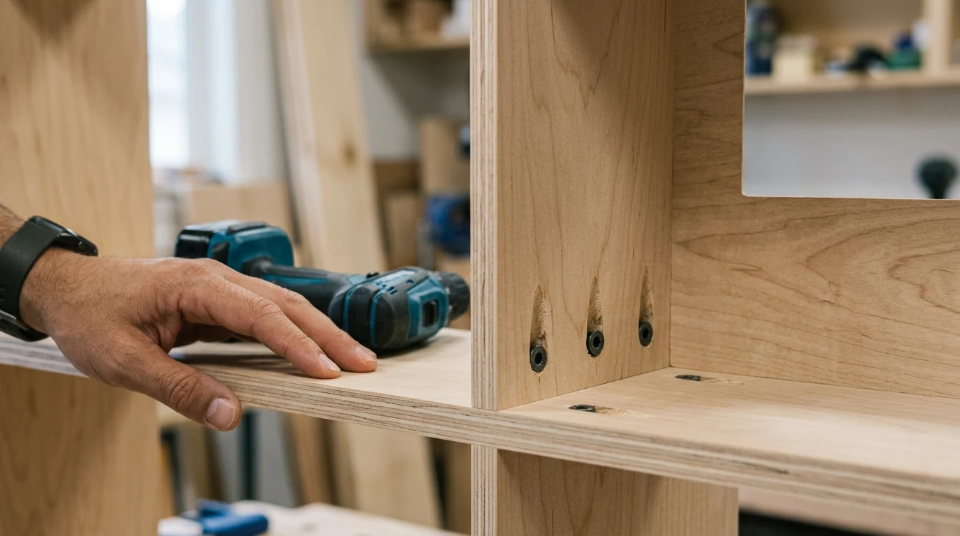 Joining plywood closet shelves together using angled pocket hole screws.