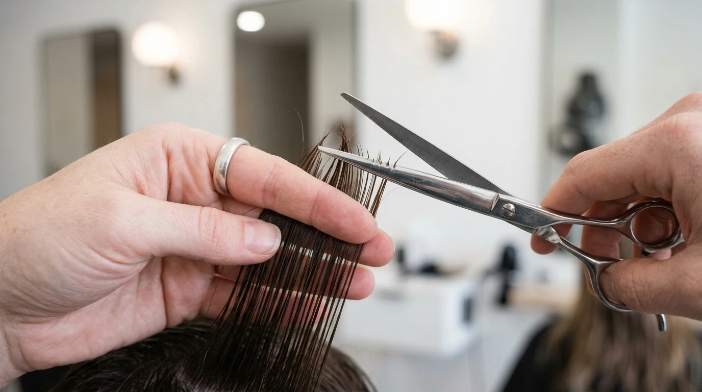 Professional point cutting method on fine hair ends using straight shears.
