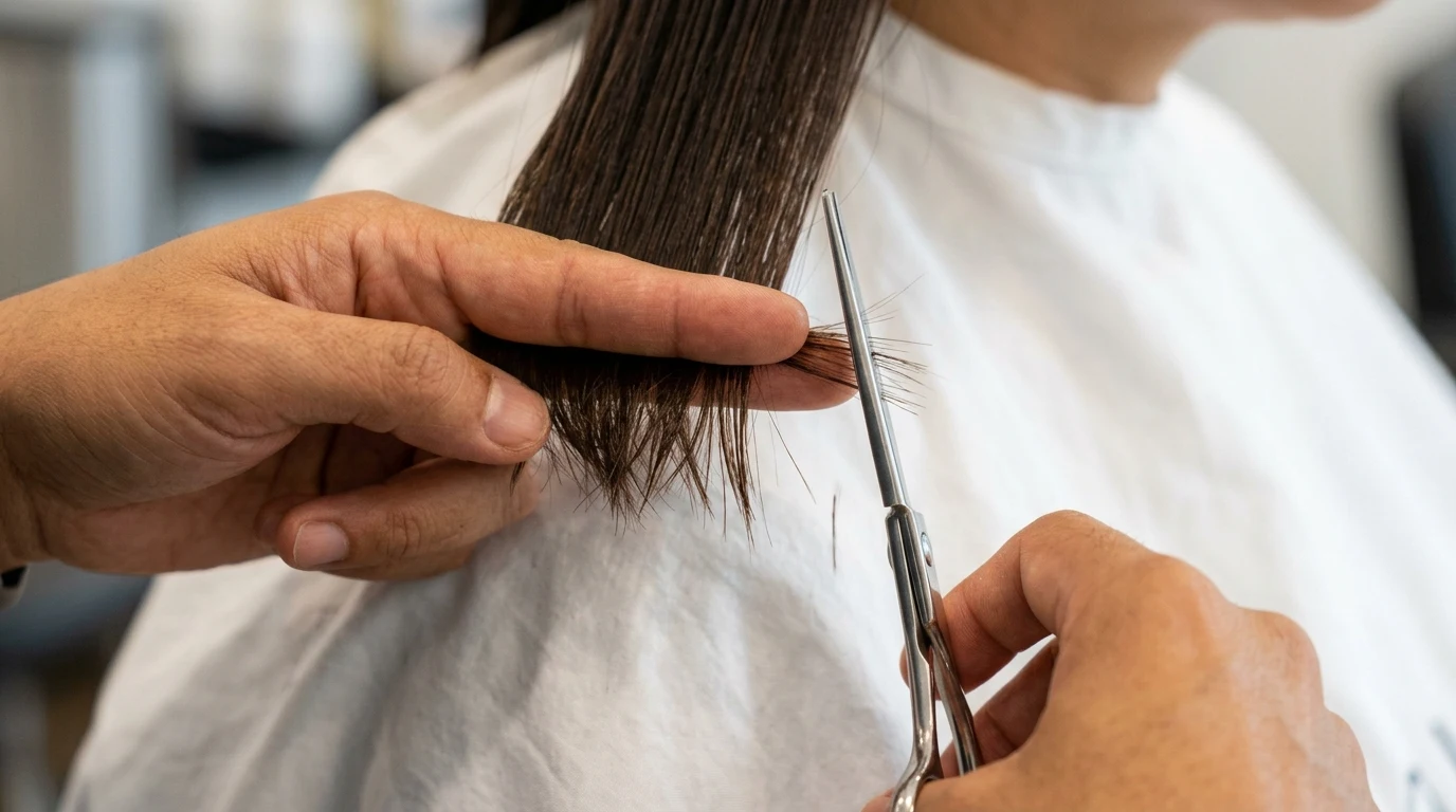 Stylist shears point-cutting hair ends at a vertical angle for soft movement.