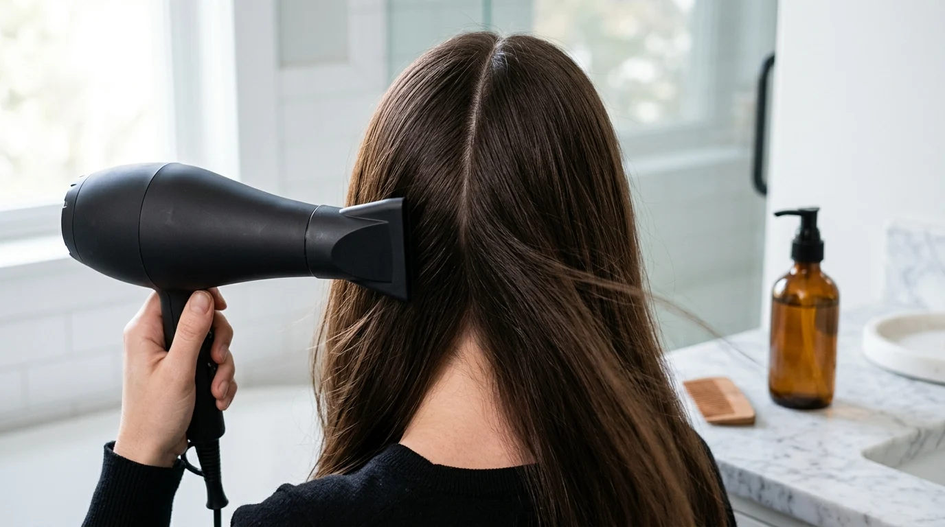 Hair being dried smoothly with a blow dryer next to a bottle of thermal heat protectant spray on a vanity.
